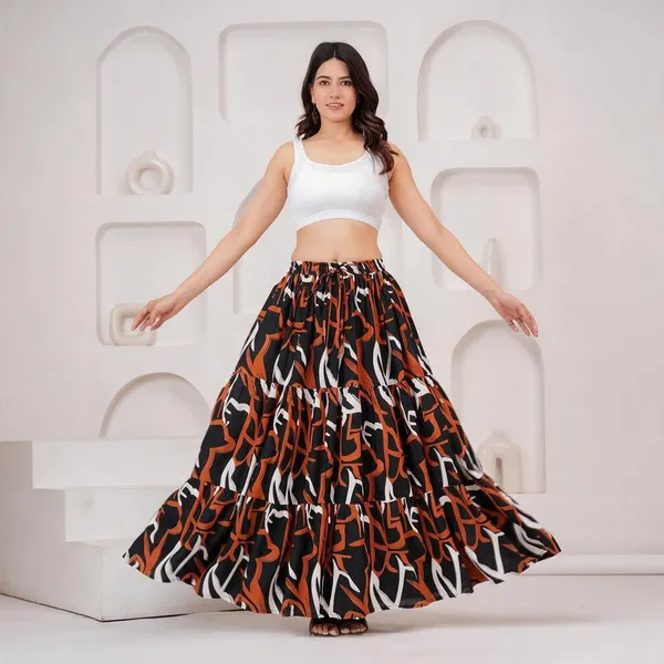 Black_Rayon_Printed_Flared_Tiered_Maxi_Skirt_For_Women