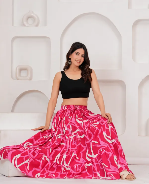 Pink_Rayon_Printed_Flared_Tiered_Skirt_For_Women