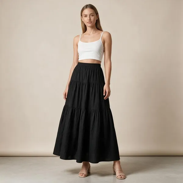 Black_Rayon_Gathered_Tiered_Maxi_Skirt_For_Women