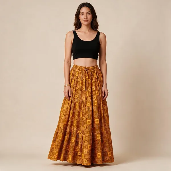 Orange_Rayon_Geometric_Print_Flared_Skirt_For_Women