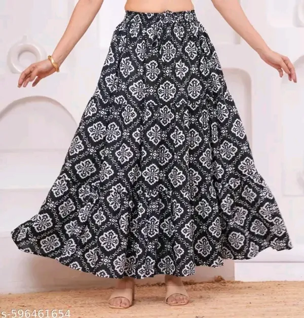 Black_Rayon_Printed_Flared_Maxi_Skirt_For_Women