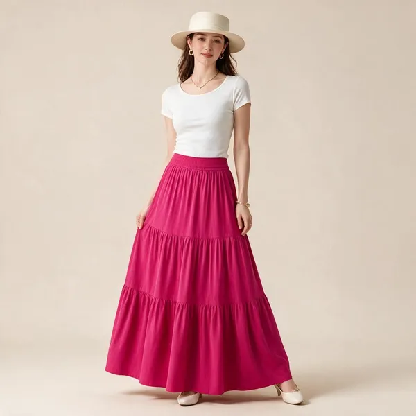 Pink_Rayon_Tiered_Flared_Maxi_Skirt_For_Women