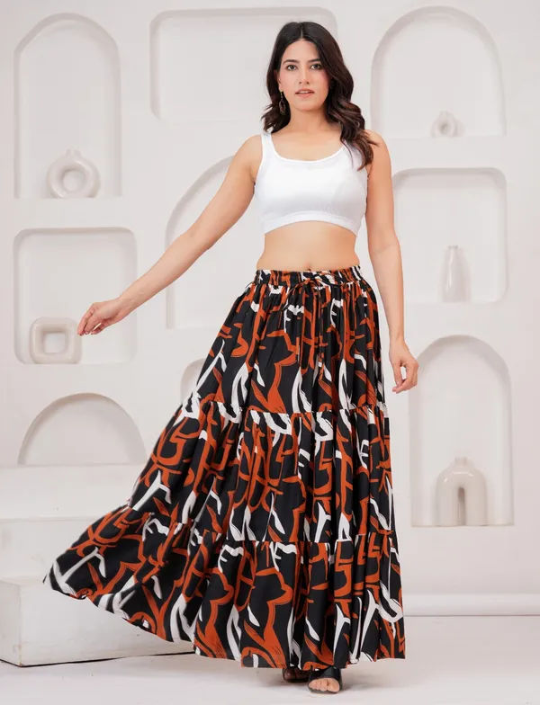 Black_Rayon_Printed_Flared_Tiered_Maxi_Skirt_For_Women