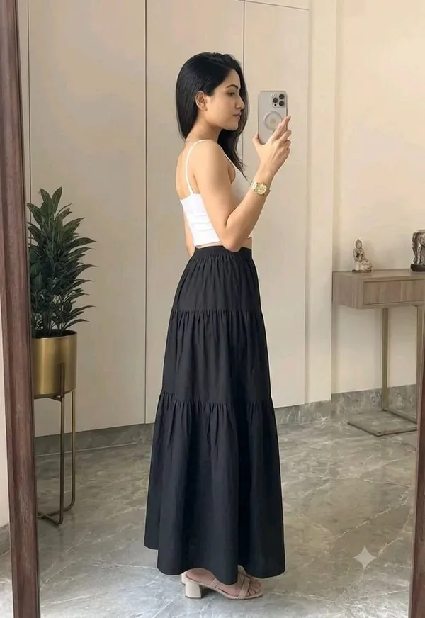 Black_Rayon_Gathered_Tiered_Maxi_Skirt_For_Women