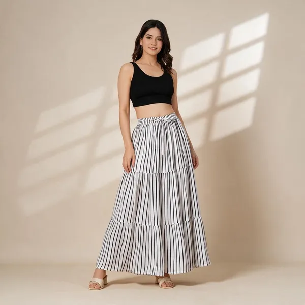 White_Rayon_Striped_Flared_Maxi_Skirt_For_Women