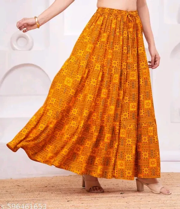Orange_Rayon_Geometric_Print_Flared_Skirt_For_Women