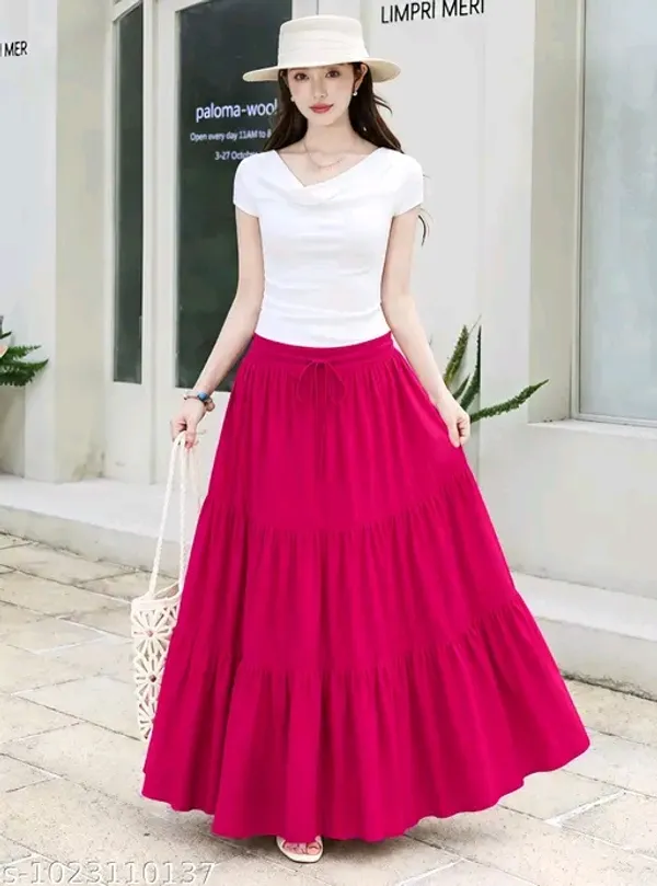 Pink_Rayon_Tiered_Flared_Maxi_Skirt_For_Women