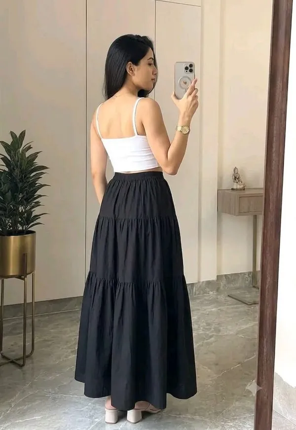 Black_Rayon_Gathered_Tiered_Maxi_Skirt_For_Women