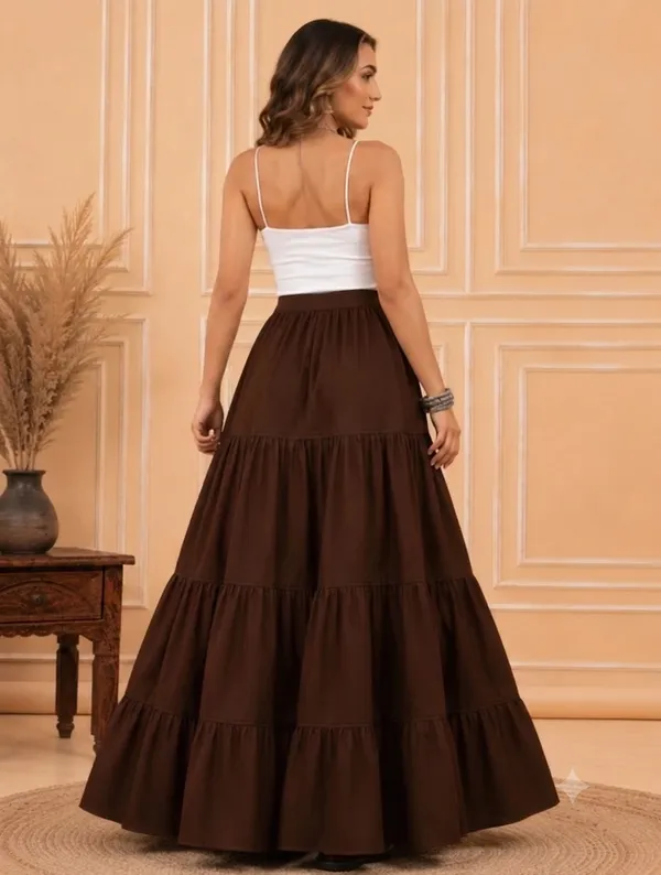 Brown_Rayon_Tiered_Flared_Maxi_Skirt_For_Women