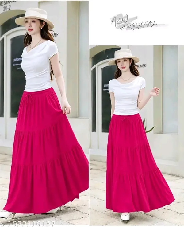 Pink_Rayon_Tiered_Flared_Maxi_Skirt_For_Women