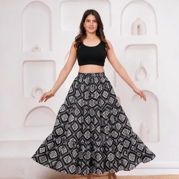 Black_Rayon_Printed_Flared_Maxi_Skirt_For_Women