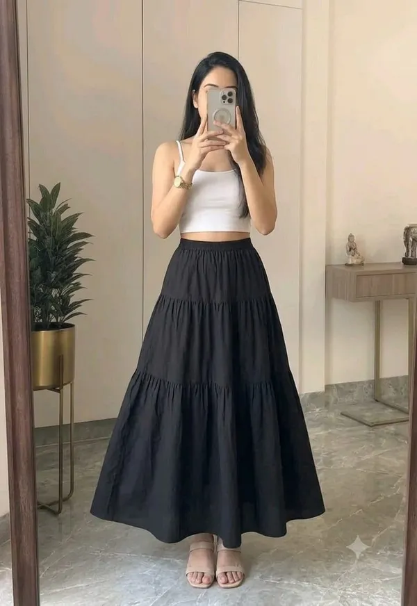 Black_Rayon_Gathered_Tiered_Maxi_Skirt_For_Women