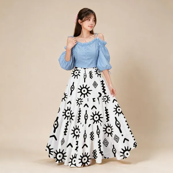 White_Rayon_Off_Shoulder_Printed_Maxi_Skirt_Set_For_Women