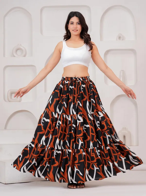 Black_Rayon_Printed_Flared_Tiered_Maxi_Skirt_For_Women