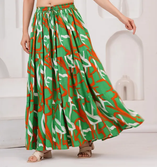 Green_Rayon_Printed_Flared_Maxi_Skirt_For_Women
