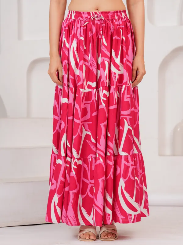 Pink_Rayon_Printed_Flared_Tiered_Skirt_For_Women