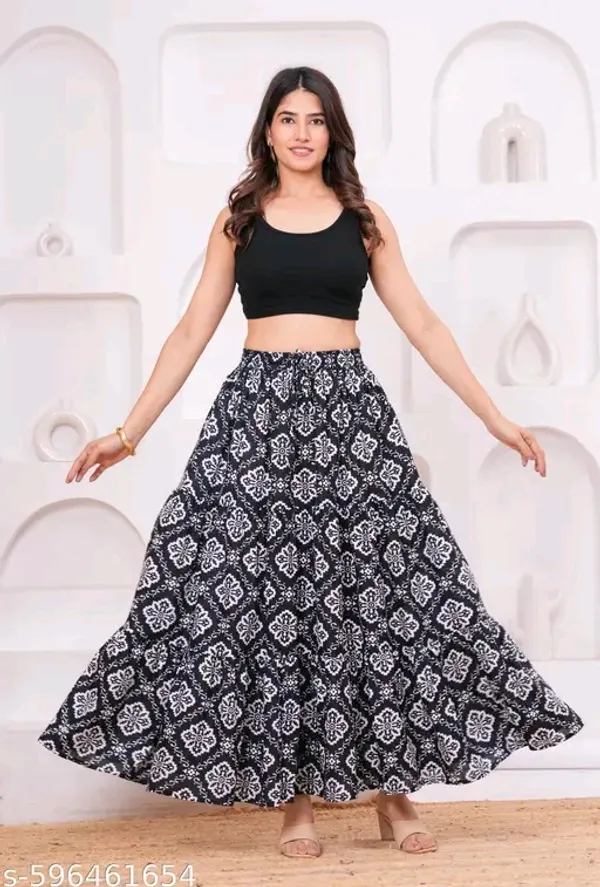 Black_Rayon_Printed_Flared_Maxi_Skirt_For_Women
