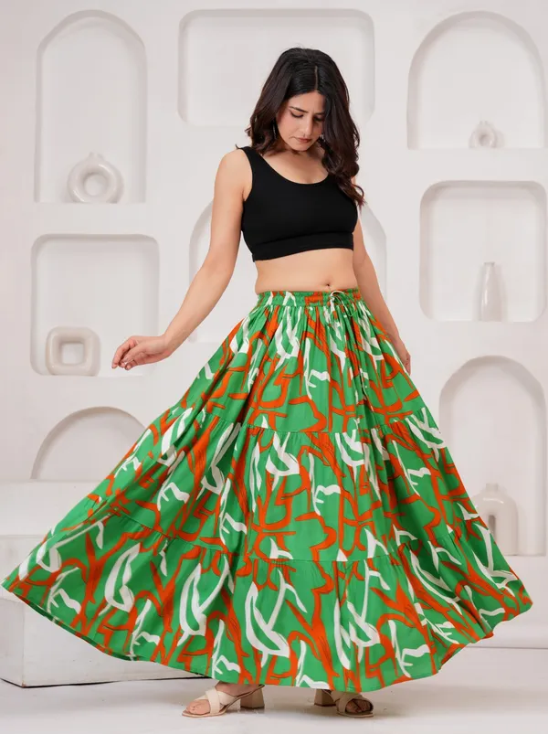Green_Rayon_Printed_Flared_Maxi_Skirt_For_Women