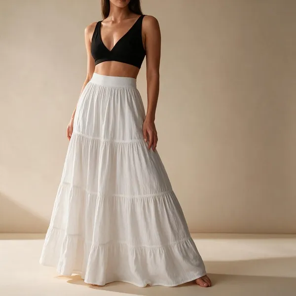White_Rayon_Tiered_Flared_Maxi_Skirt_For_Women
