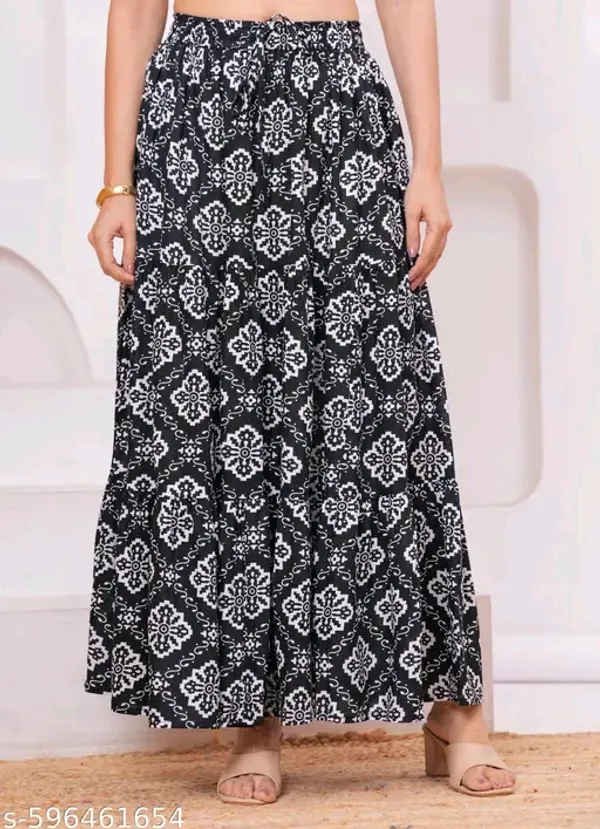 Black_Rayon_Printed_Flared_Maxi_Skirt_For_Women