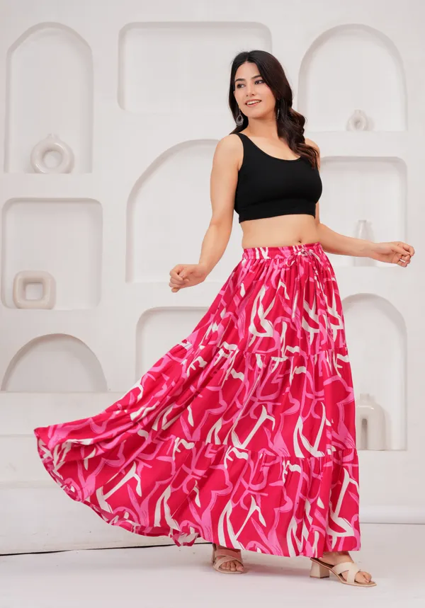 Pink_Rayon_Printed_Flared_Tiered_Skirt_For_Women
