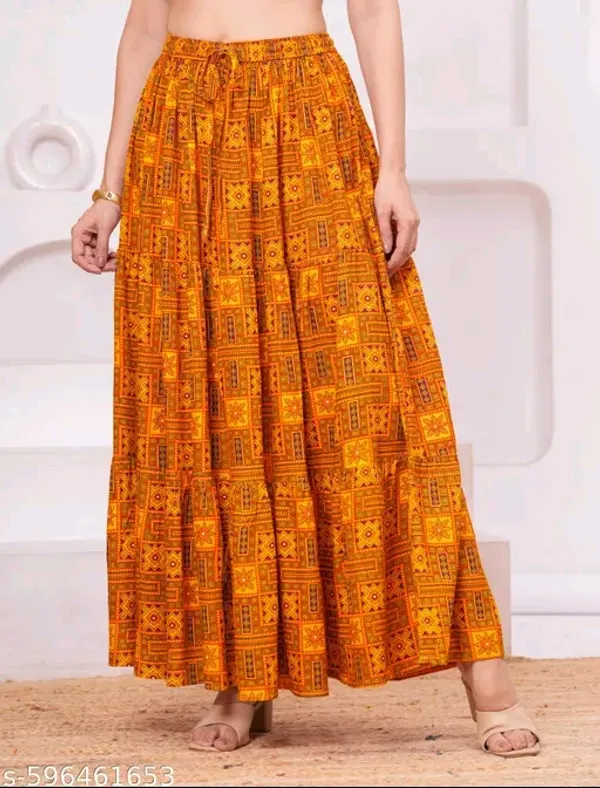 Orange_Rayon_Geometric_Print_Flared_Skirt_For_Women
