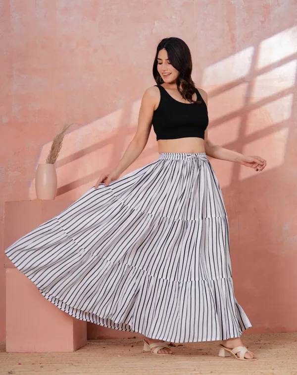 White_Rayon_Striped_Flared_Maxi_Skirt_For_Women