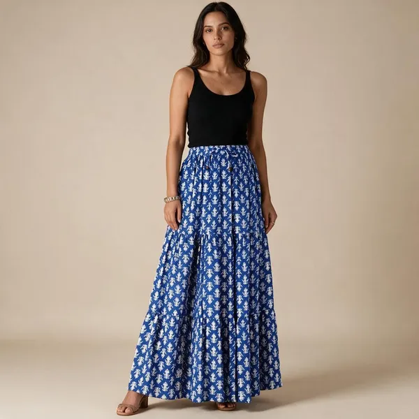 Blue_Rayon_Botanical_Print_Flared_Maxi_Skirt_For_Women