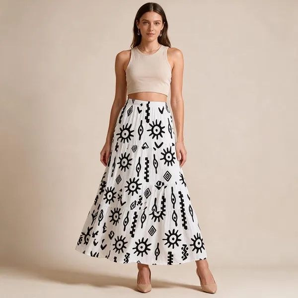 White_Rayon_Printed_Flared_Maxi_Skirt_For_Women