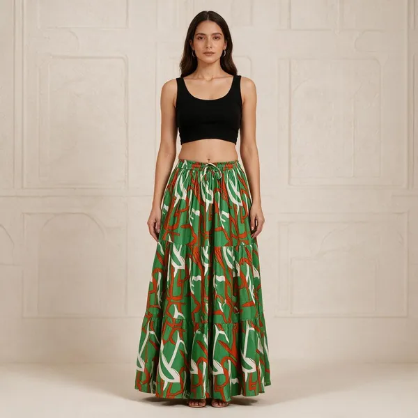 Green_Rayon_Printed_Flared_Maxi_Skirt_For_Women