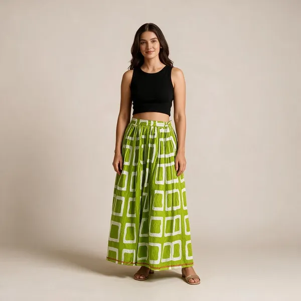 Green_Rayon_Geometric_Print_Flared_Maxi_Skirt_For_Women