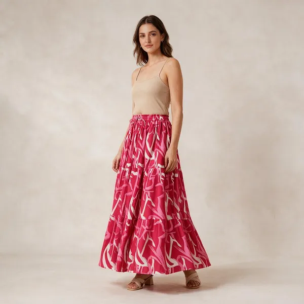Pink_Rayon_Printed_Flared_Tiered_Skirt_For_Women