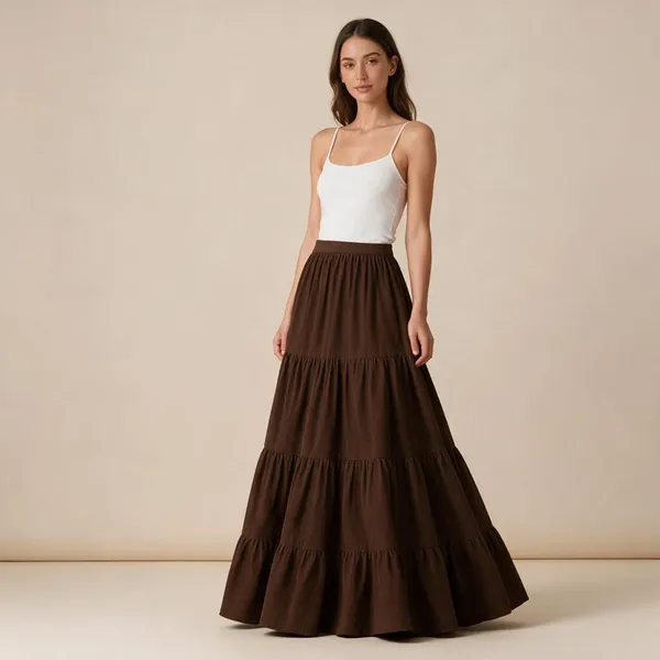 Brown_Rayon_Tiered_Flared_Maxi_Skirt_For_Women