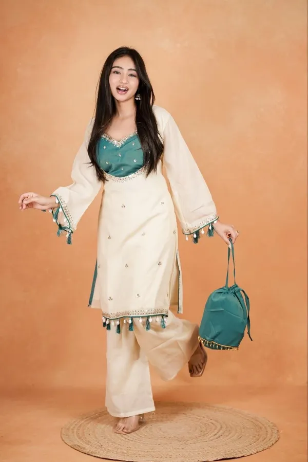 Women’s_Ivory_&_Green_Embroidered_Kurta_Palazzo_Set_with_Tassel_Detailing