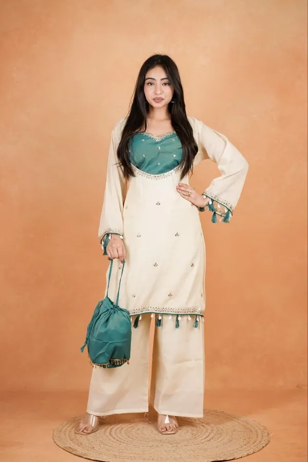 Women’s_Ivory_&_Green_Embroidered_Kurta_Palazzo_Set_with_Tassel_Detailing