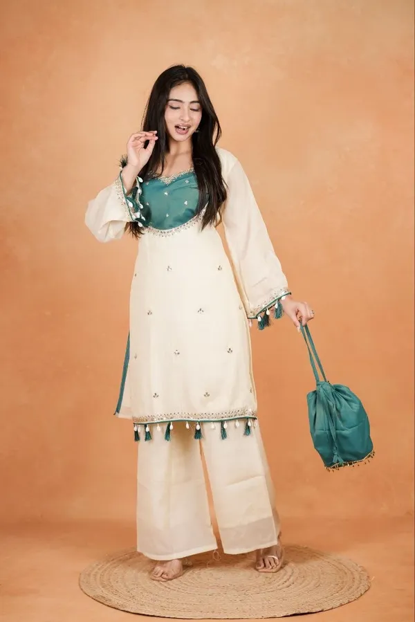 Women’s_Ivory_&_Green_Embroidered_Kurta_Palazzo_Set_with_Tassel_Detailing