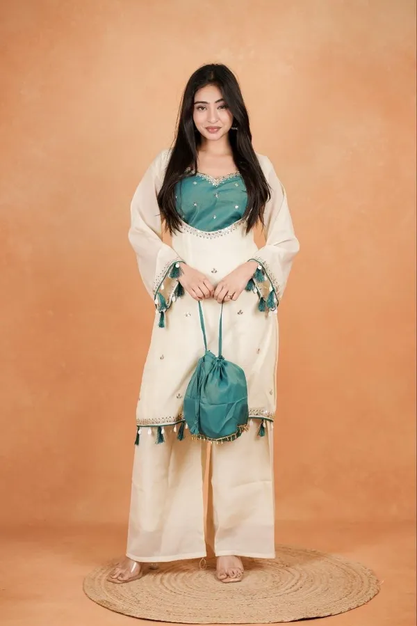 Women’s_Ivory_&_Green_Embroidered_Kurta_Palazzo_Set_with_Tassel_Detailing