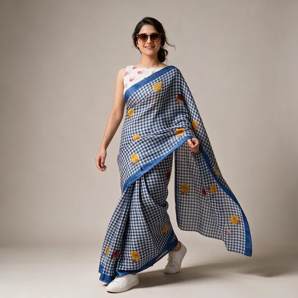 Blue_White_Linen_Saree_For_Women