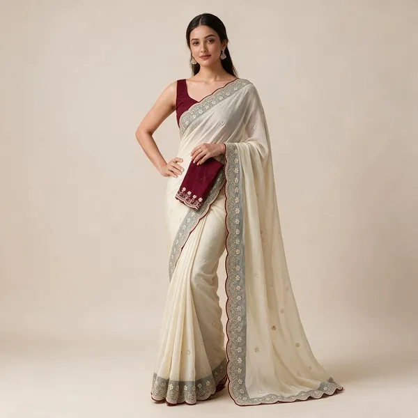 Cream_And_Maroon_Georgette_Saree_For_Women