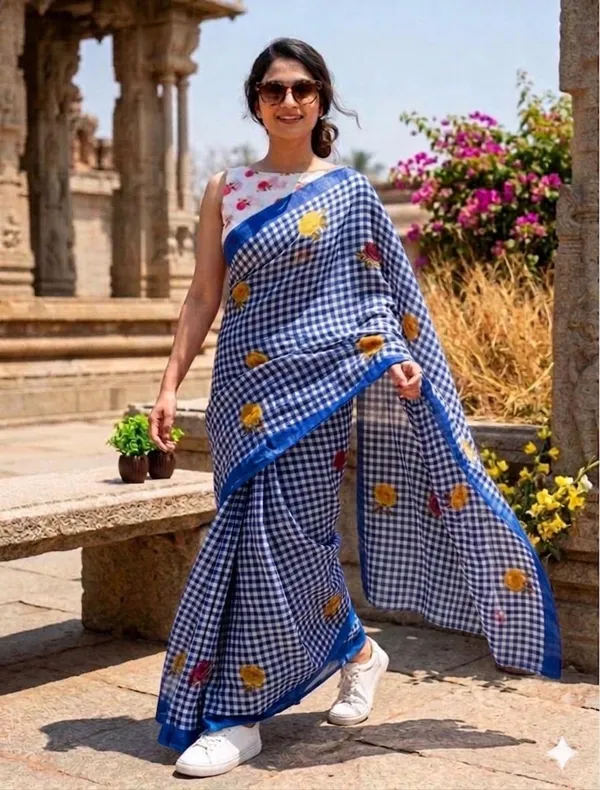 Blue_White_Linen_Saree_For_Women