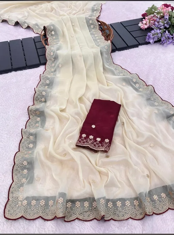Cream_And_Maroon_Georgette_Saree_For_Women