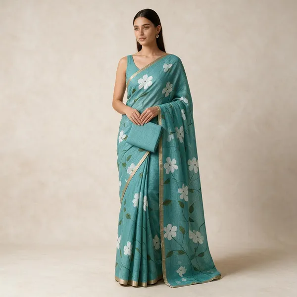 Turquoise_Linen_Saree_For_Women