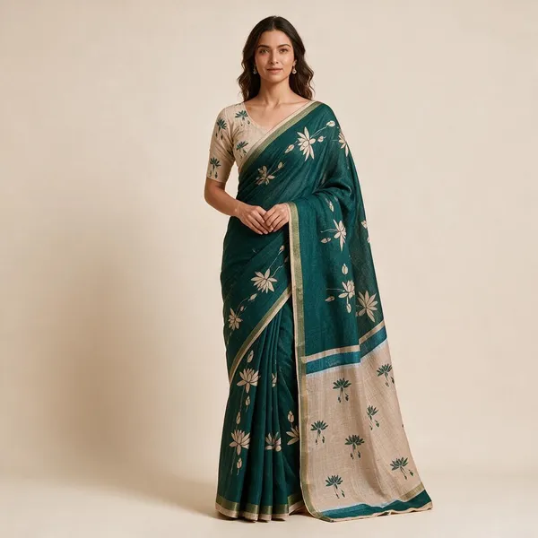 Teal_Linen_Saree_For_Women