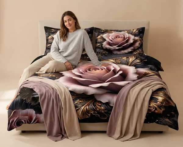 Black_Cotton_Polyester_Rose_Floral_Print_Queen_Size_Fitted_Bedsheet