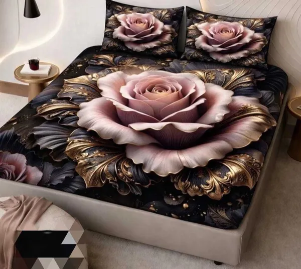 Black_Cotton_Polyester_Rose_Floral_Print_Queen_Size_Fitted_Bedsheet