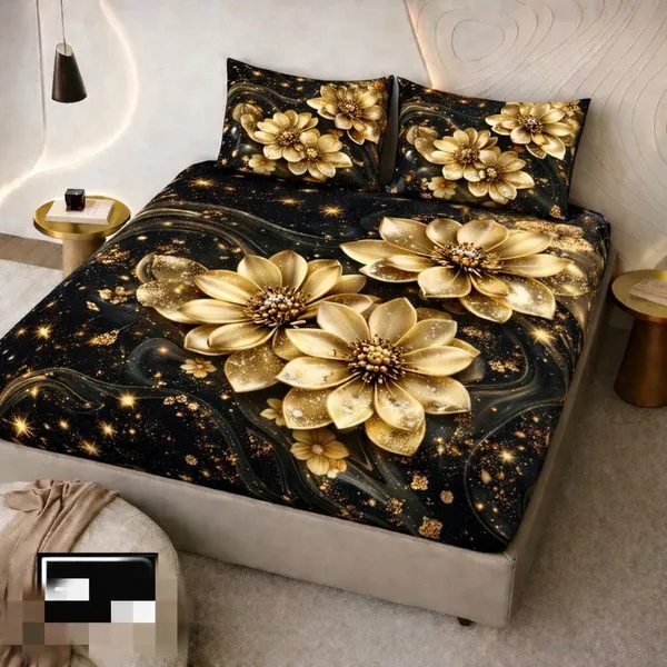 Black_Cotton_Polyester_Floral_Golden_Print_Queen_Size_Fitted_Bedsheet