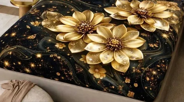 Black_Cotton_Polyester_Floral_Golden_Print_Queen_Size_Fitted_Bedsheet