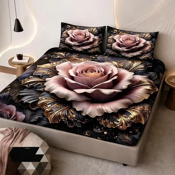 Black_Cotton_Polyester_Rose_Floral_Print_Queen_Size_Fitted_Bedsheet