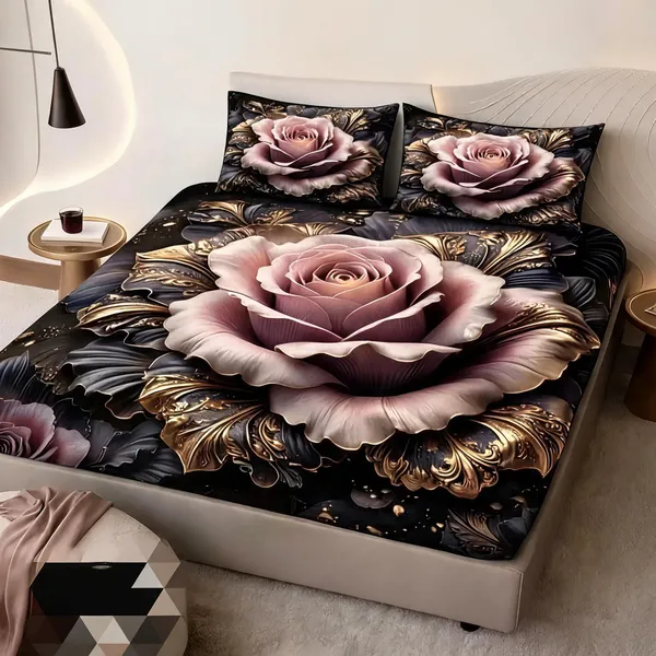 Black_Cotton_Polyester_Rose_Floral_Print_Queen_Size_Fitted_Bedsheet