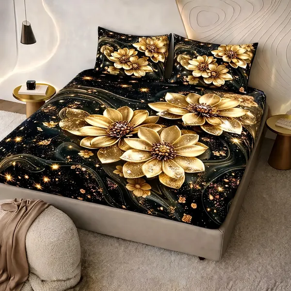 Black_Cotton_Polyester_Floral_Golden_Print_Queen_Size_Fitted_Bedsheet